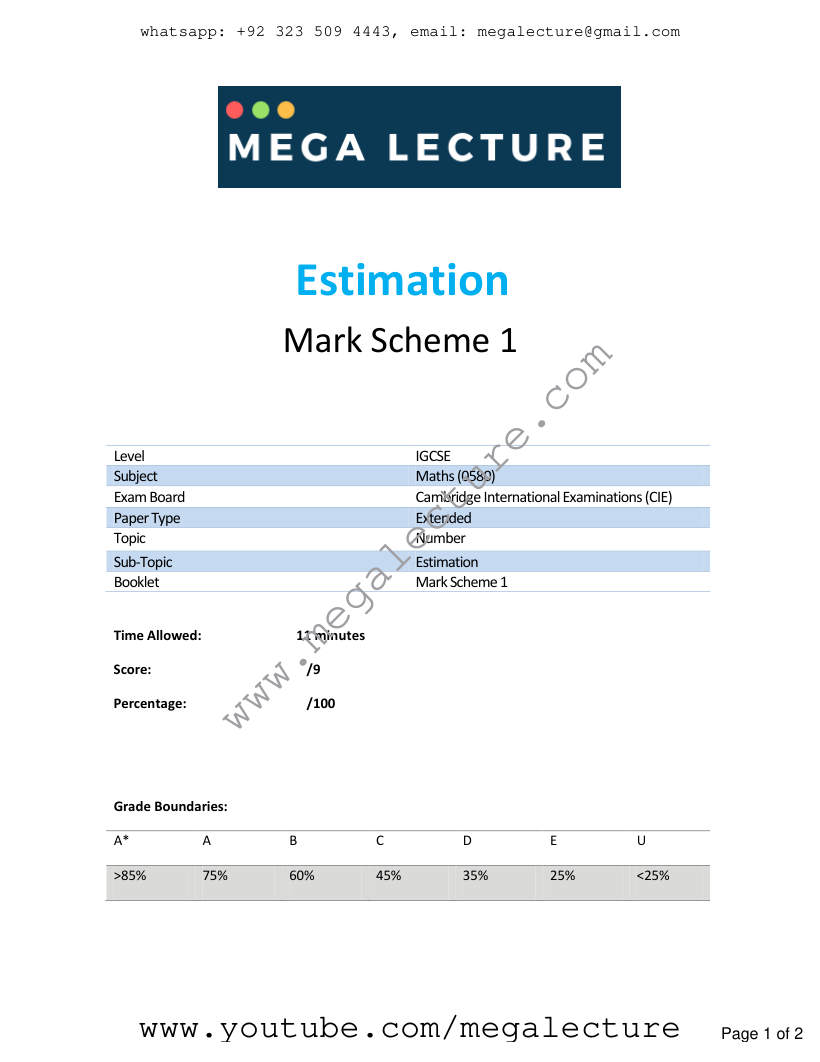 Page 1 of Estimation — Marking scheme