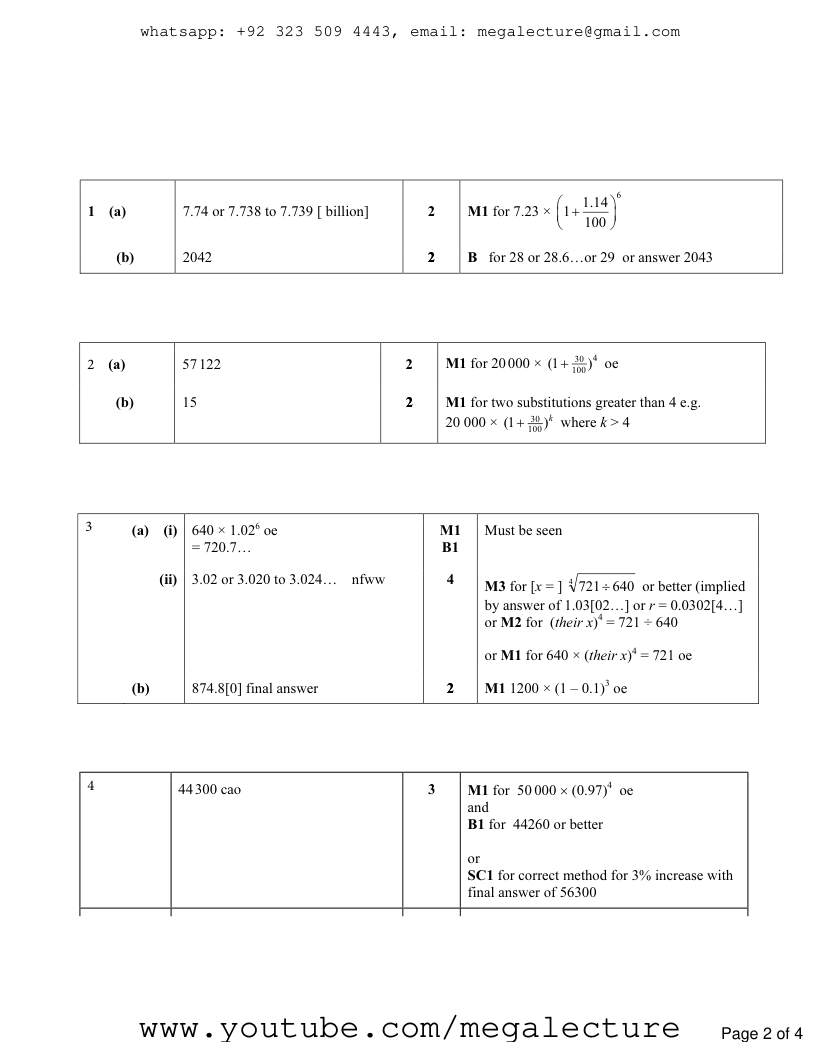 Page 2 of Exponential Growth Decay — Marking scheme