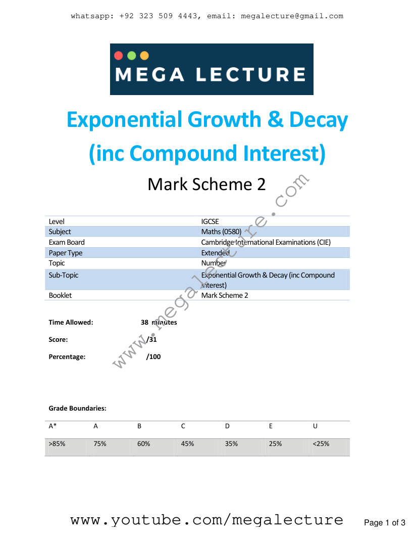 Page 1 of Exponential Growth Decay — Marking scheme (2)