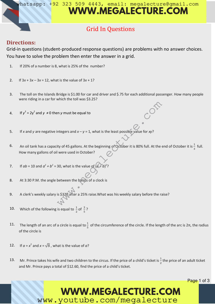 Page 1 of Grid In Questions