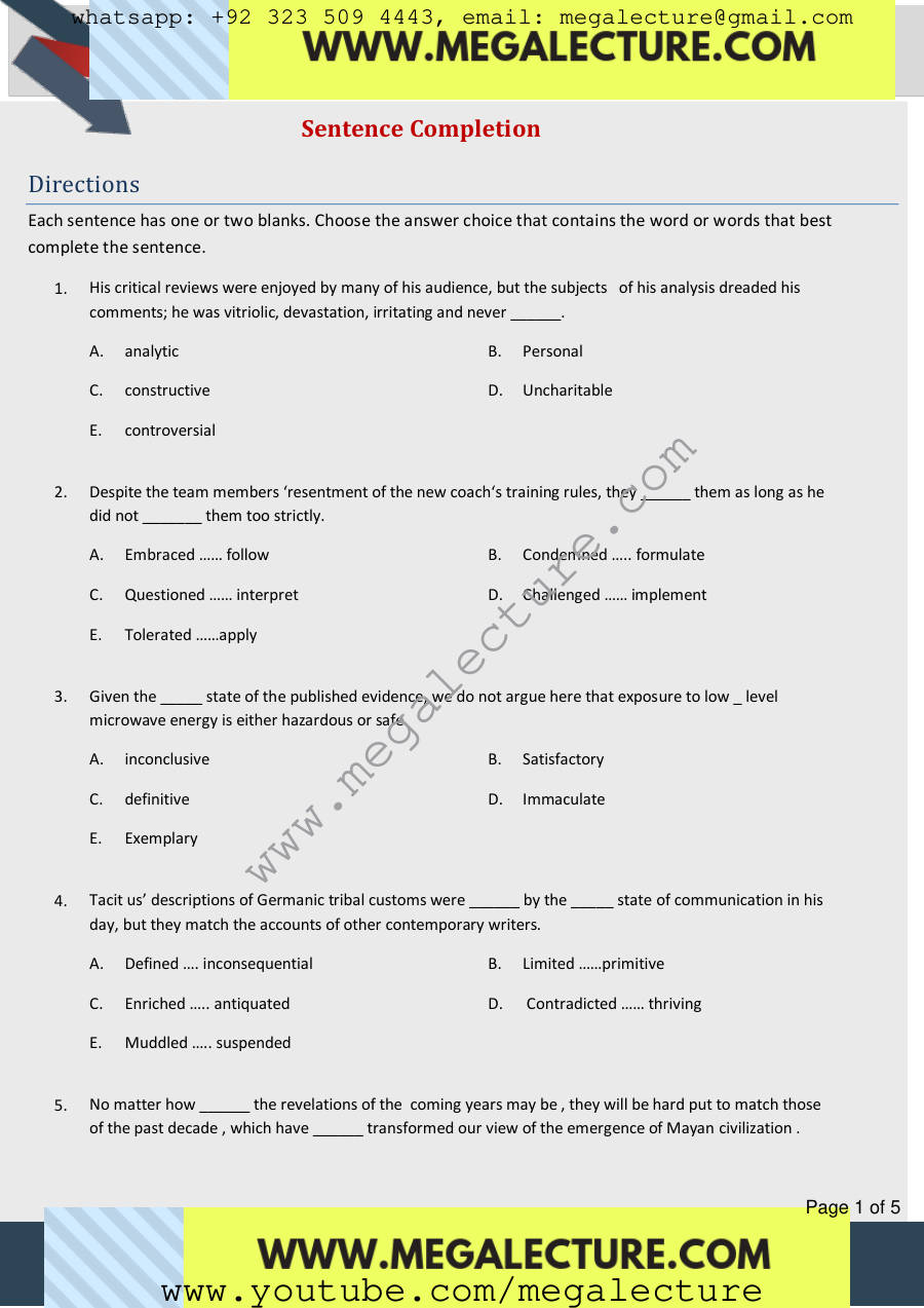 Page 1 of Sentence Completion