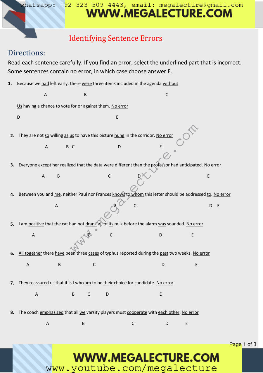 Page 1 of Sentence Errors
