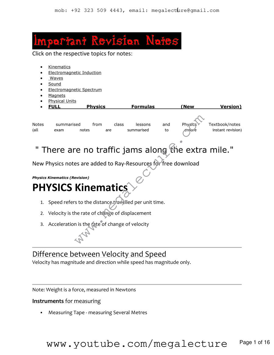 Page 1 of Physics Revision Notes