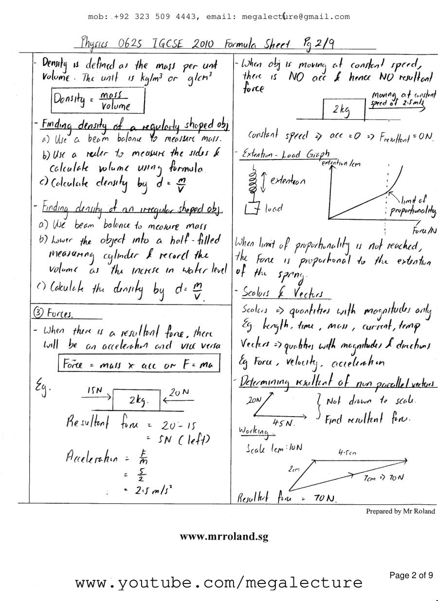 Page 2 of Physics 0625 Formula And Help Sheet
