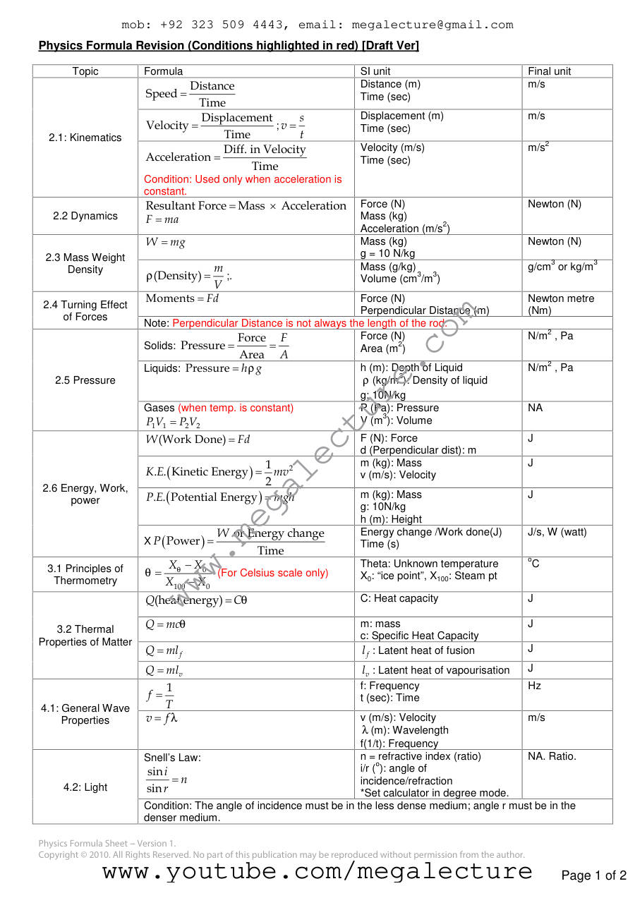 Page 1 of Physics Formula Revision