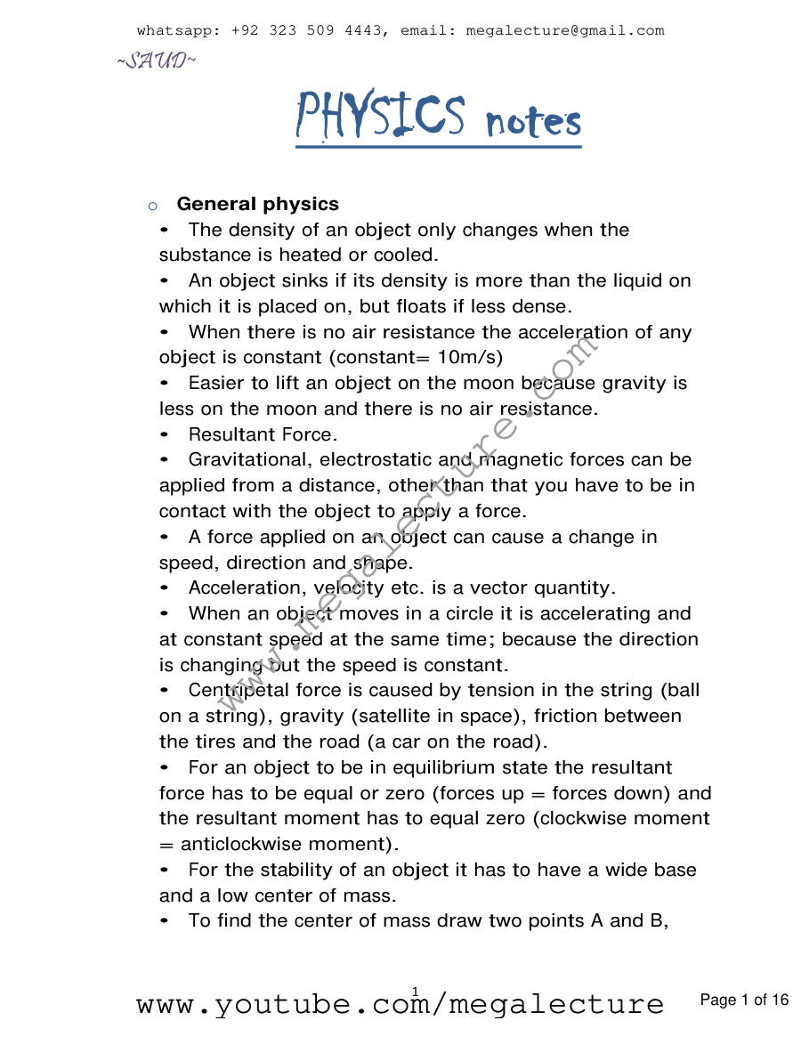 Page 1 of Physics O Level Notes 2