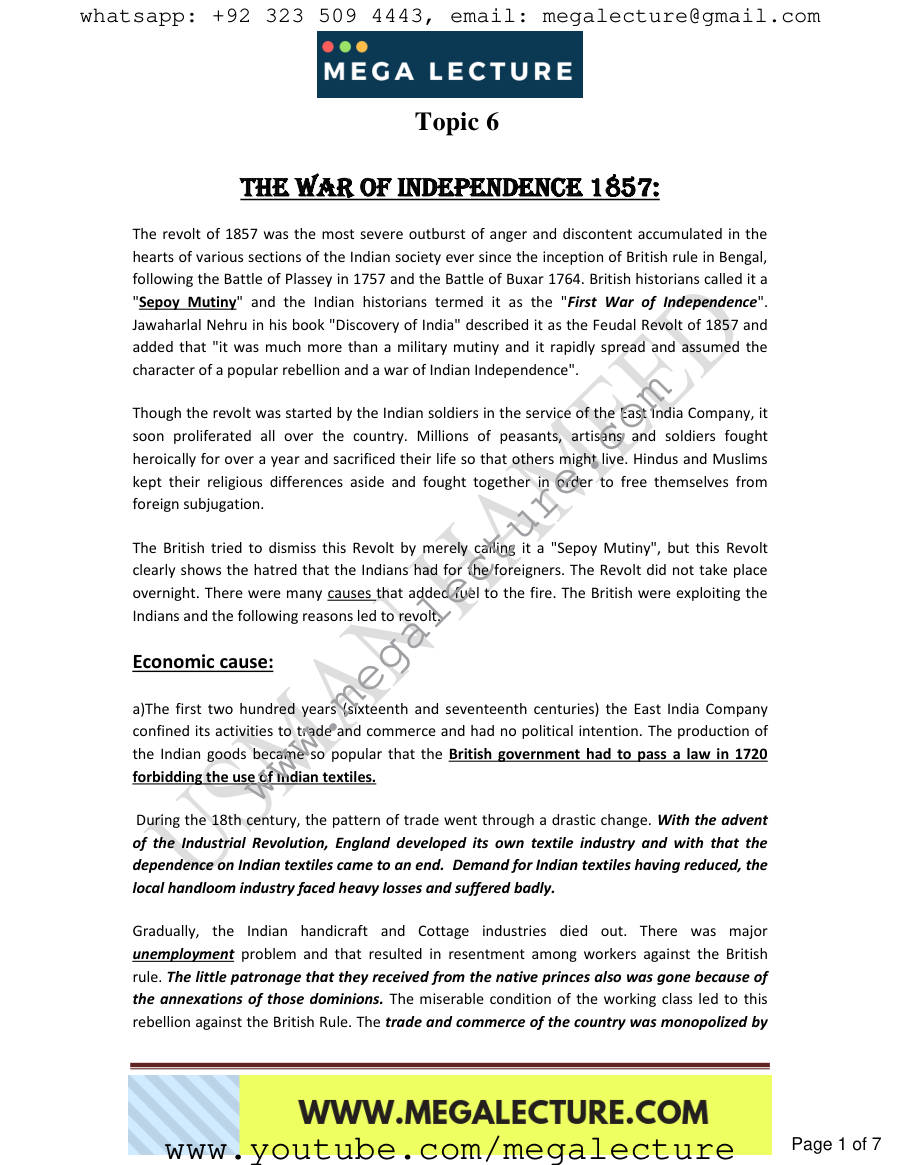 Page 1 of 6. The War Of Independence 1857