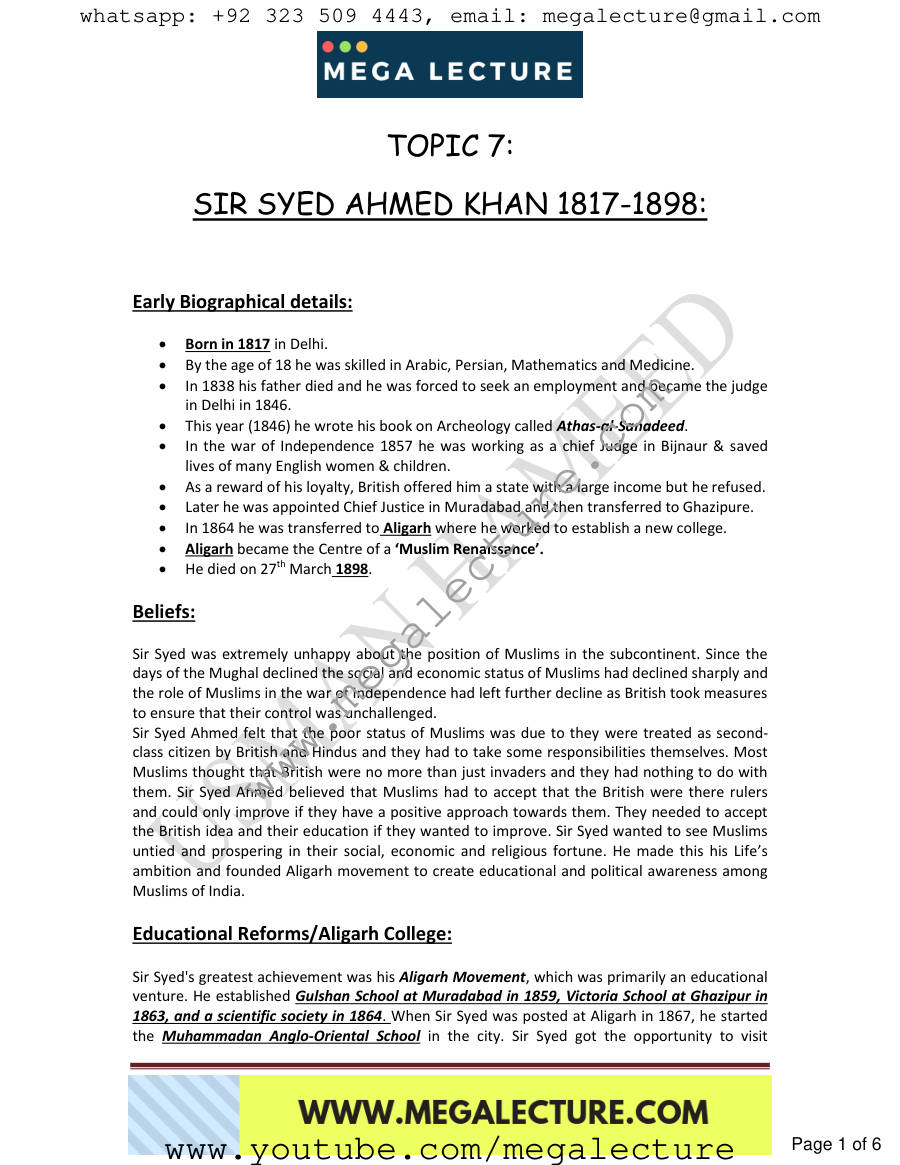 Page 1 of 7. Sir Syed Ahmed Khan 1817 1898
