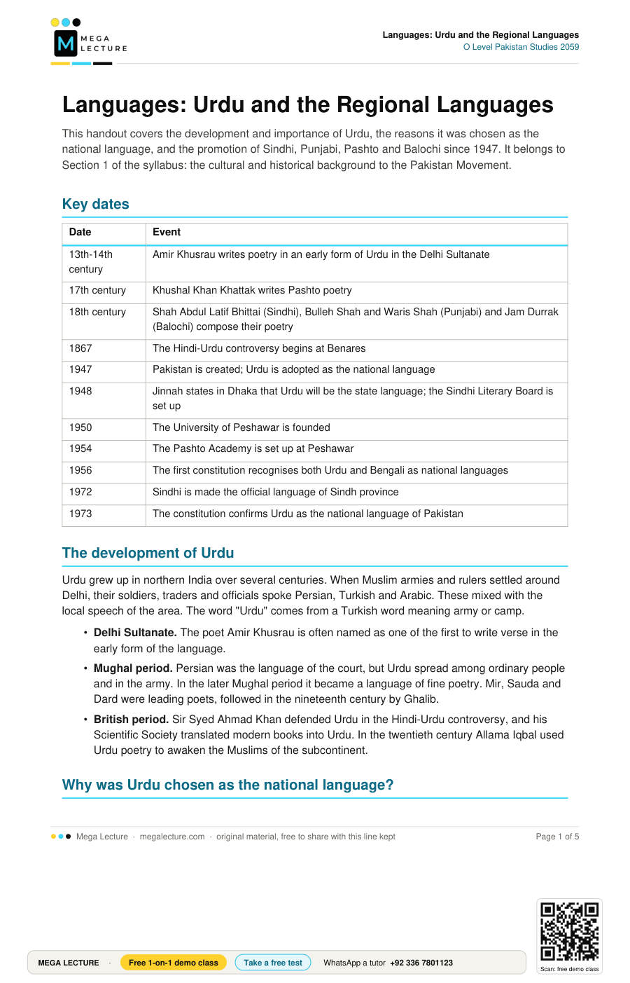 Page 1 of Languages: Urdu and the Regional Languages