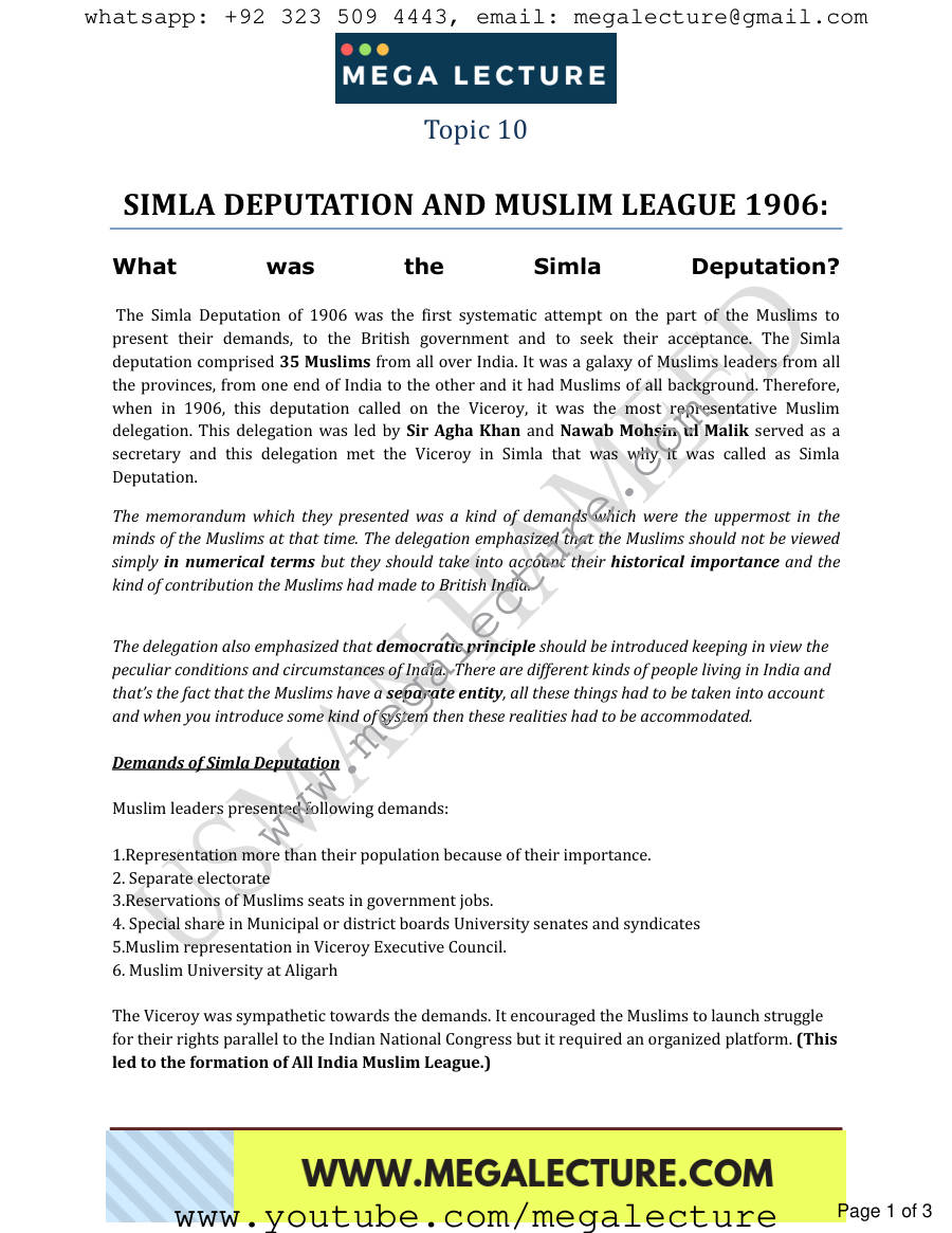 Page 1 of 10. Simla Deputation And Muslim League 1906