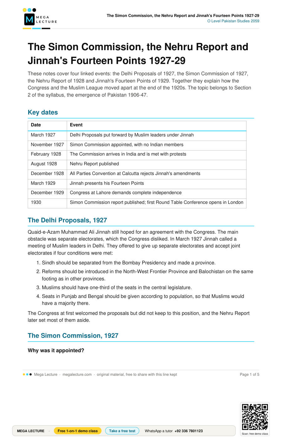 Page 1 of The Simon Commission, the Nehru Report and Jinnah’s Fourteen Points 1927-29