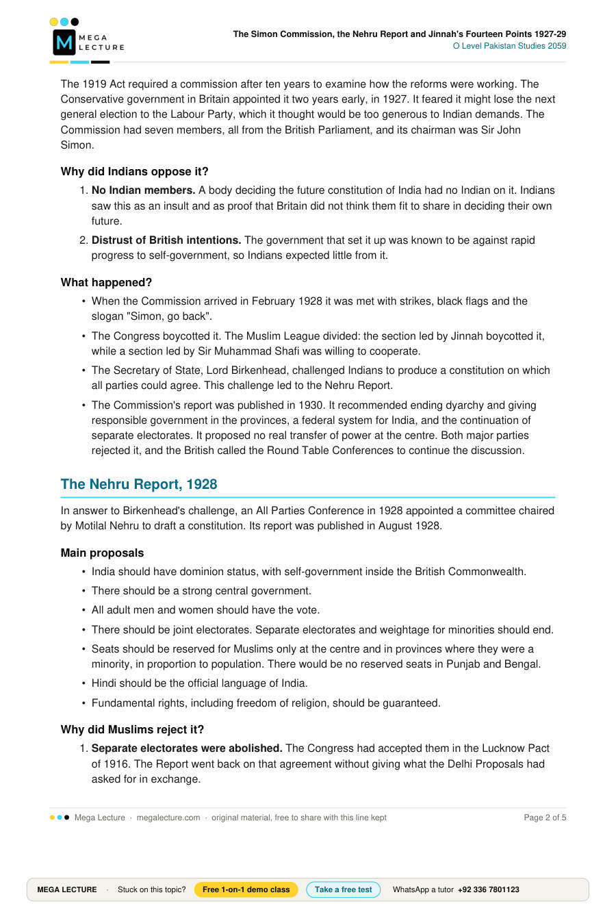 Page 2 of The Simon Commission, the Nehru Report and Jinnah’s Fourteen Points 1927-29