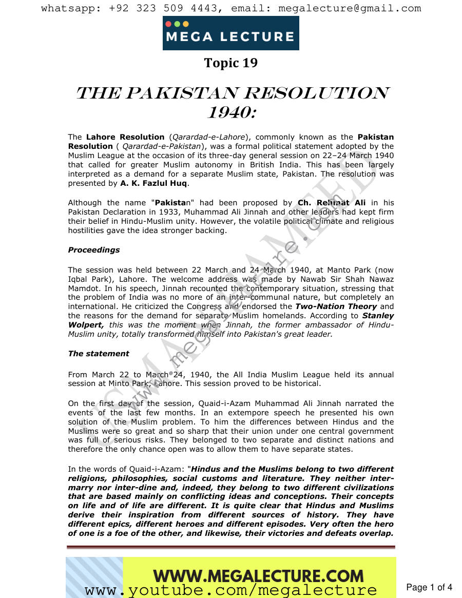 Page 1 of 19. The Pakistan Resolution 1940
