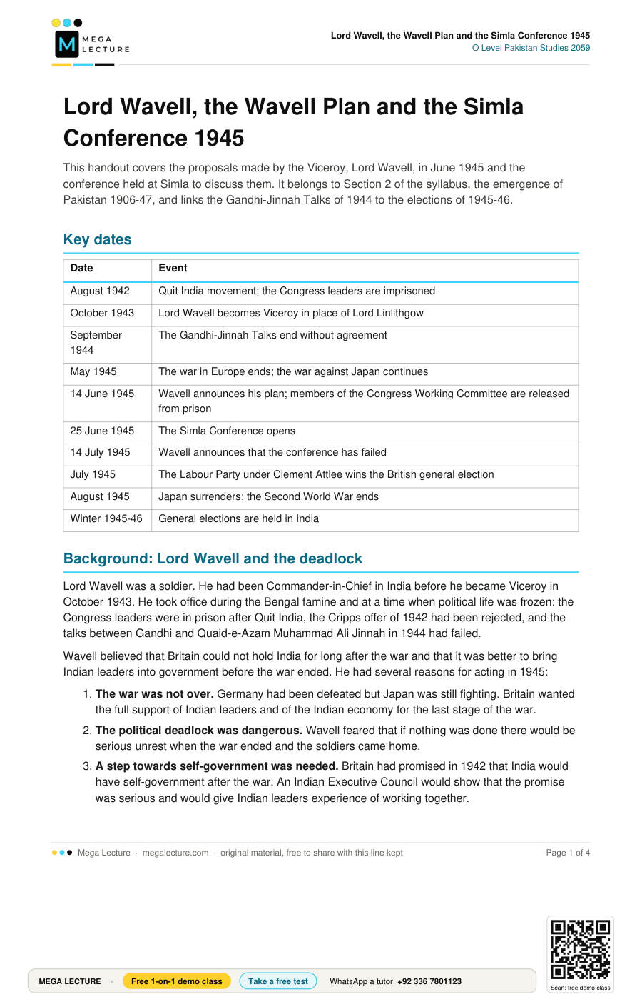 Page 1 of Lord Wavell, the Wavell Plan and the Simla Conference 1945