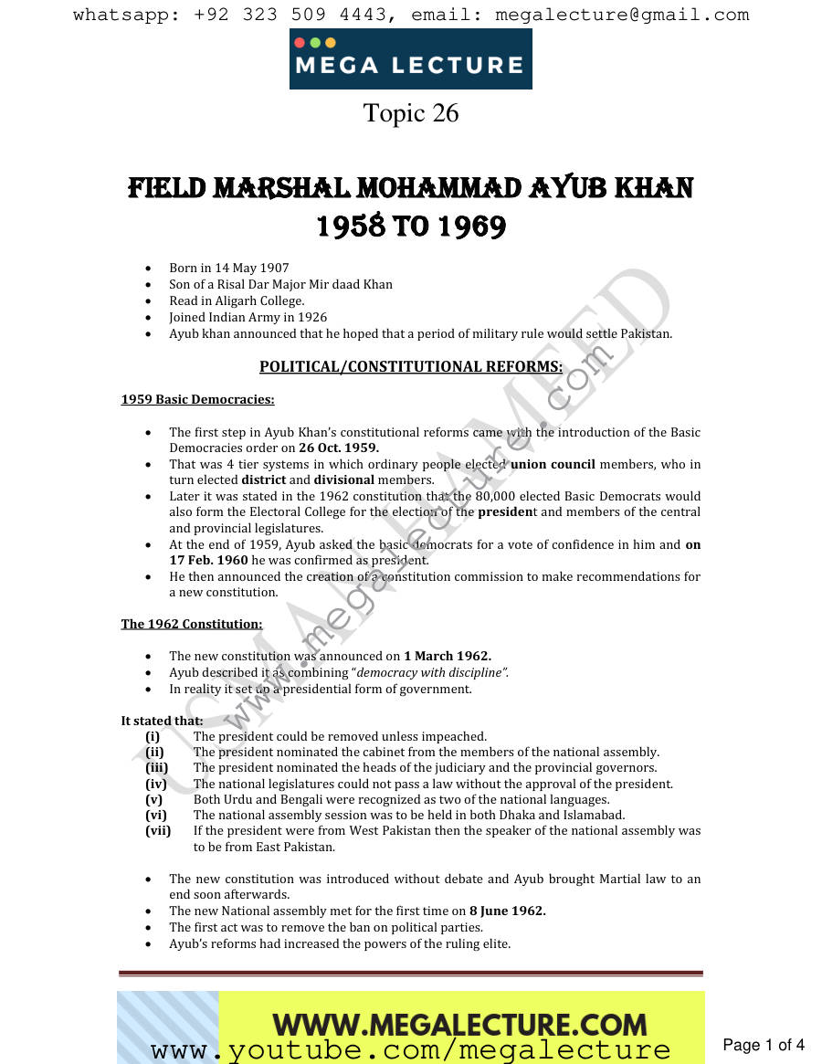 Page 1 of 26. Field Marshal Mohammad Ayub Khan 1958 To 1969