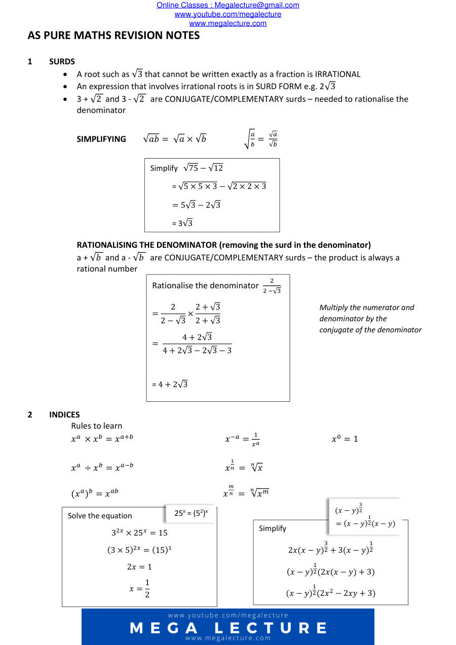 Page 1 of AS PURE MATHS REVISION NOTES