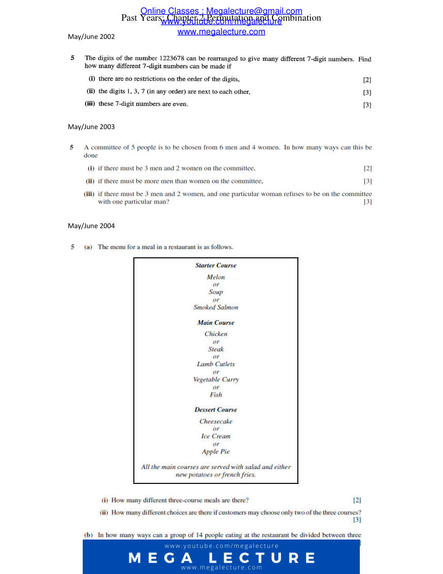 Page 1 of Chapter 2: Permutations And Combinations (Past Years 2002–2010)
