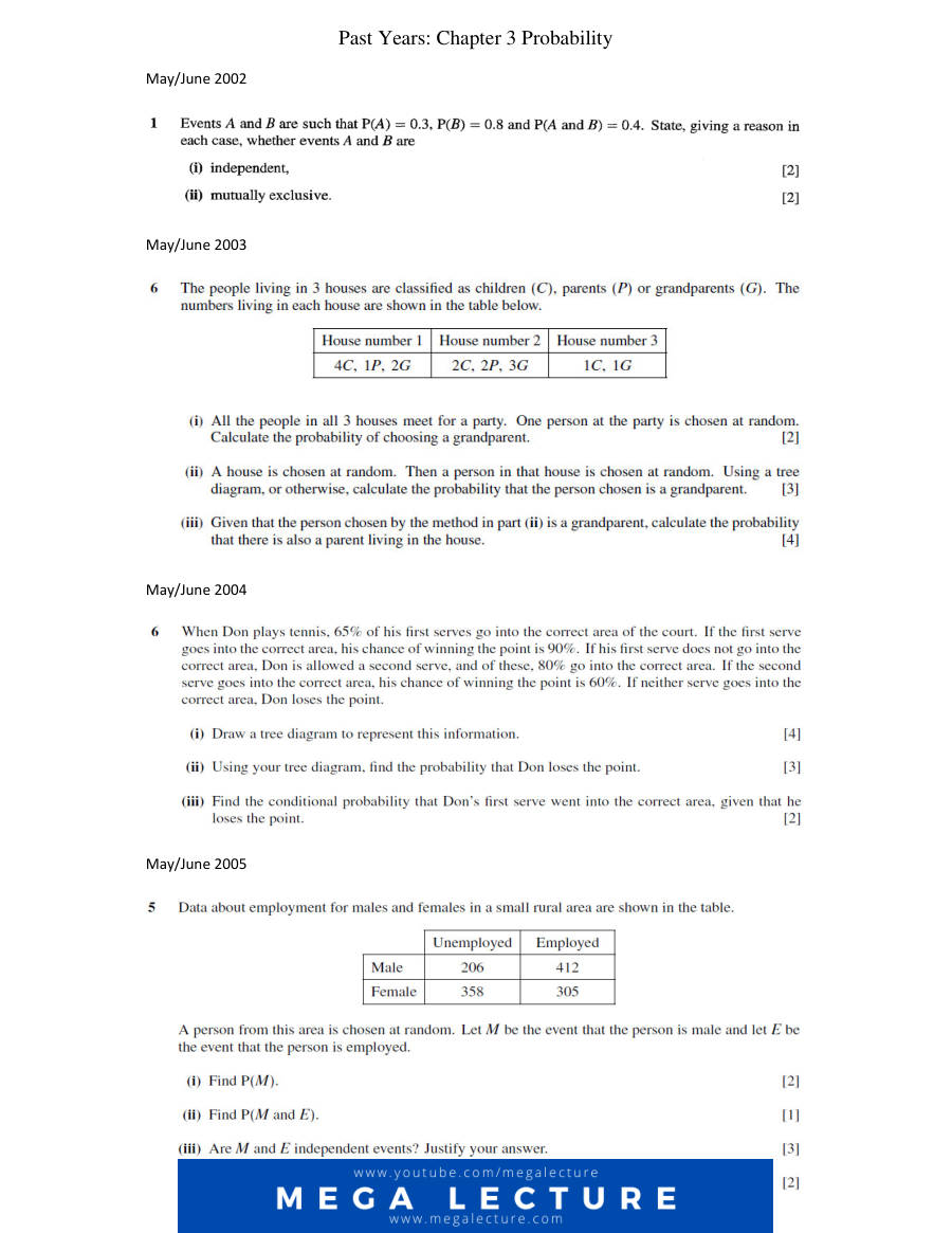 Page 1 of Chapter 3: Probability (Past Years 2002–2010)