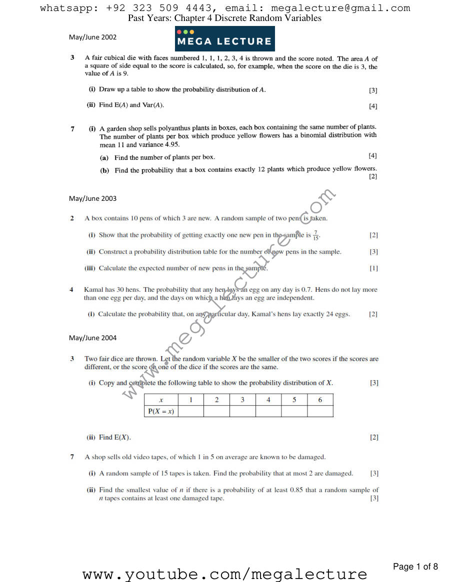 Page 1 of Chapter 4: Discrete Random Variables (Past Years 2002–2010)