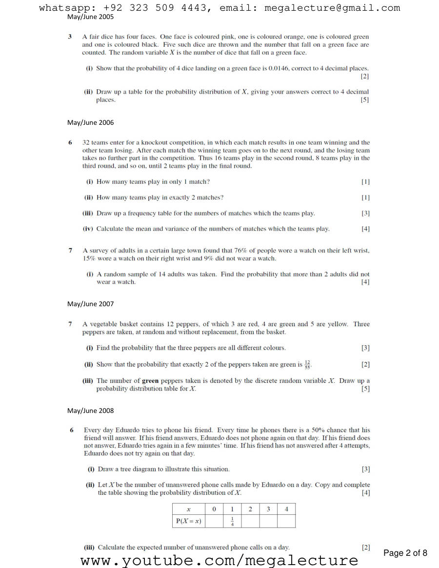 Page 2 of Chapter 4: Discrete Random Variables (Past Years 2002–2010)