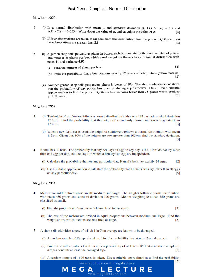 Page 1 of Chapter 5: The Normal Distribution (Past Years 2002–2010)