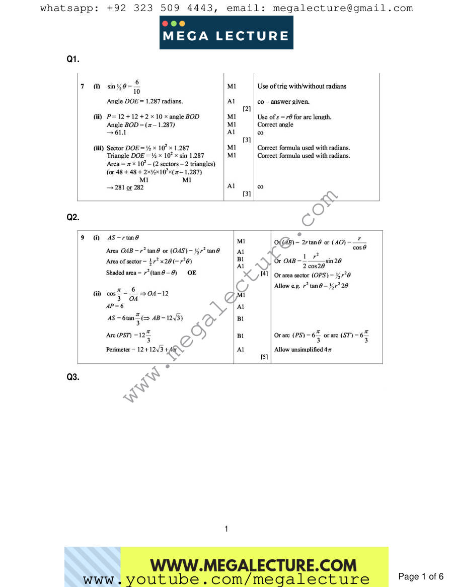 Page 1 of Circular Measure — Marking scheme