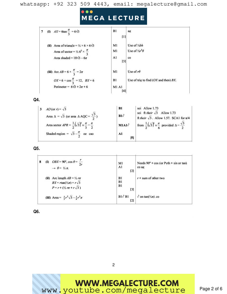 Page 2 of Circular Measure — Marking scheme