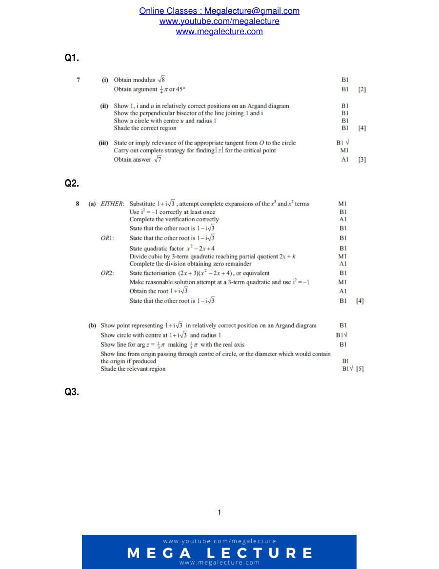 Page 1 of Complex Numbers — Marking scheme