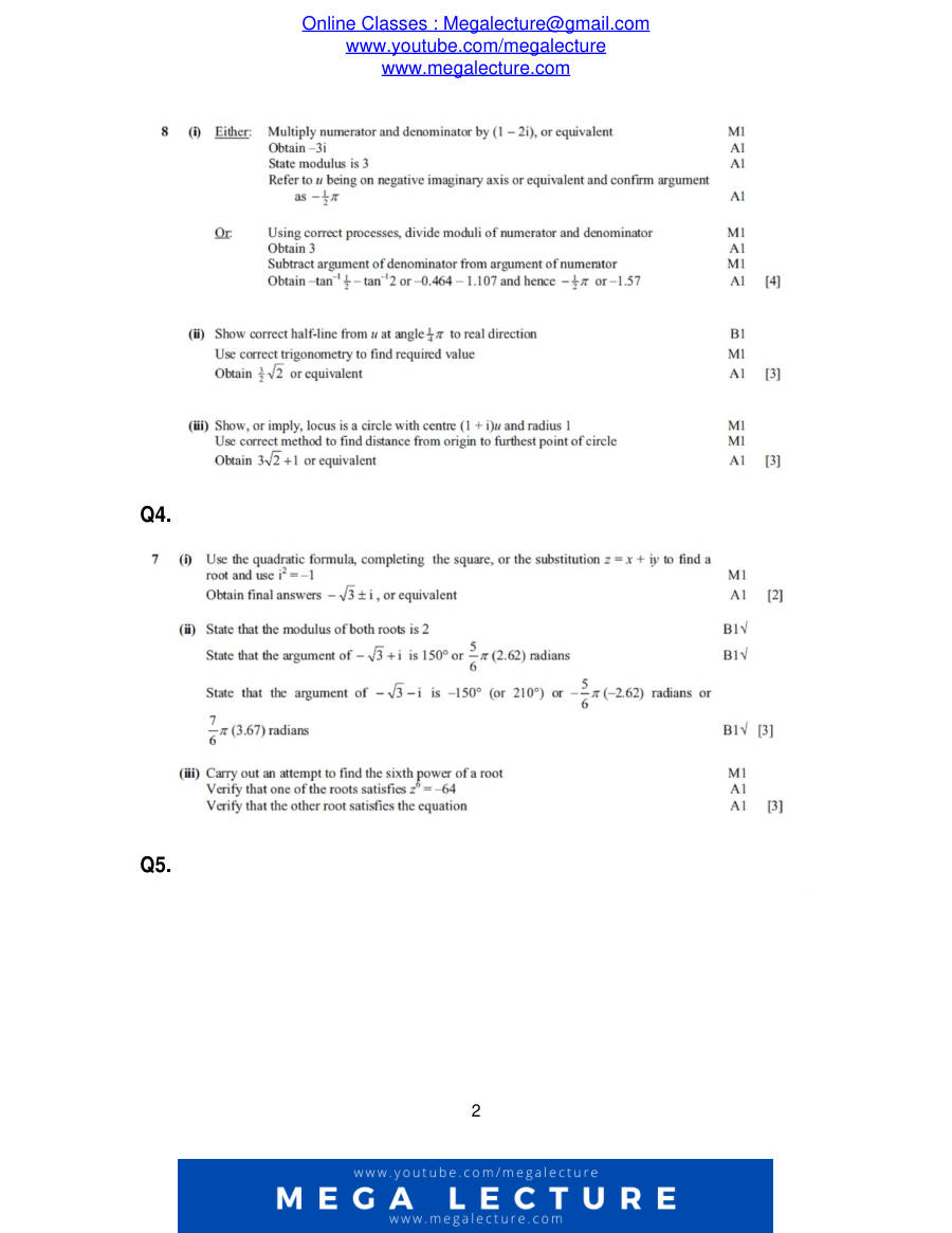 Page 2 of Complex Numbers — Marking scheme