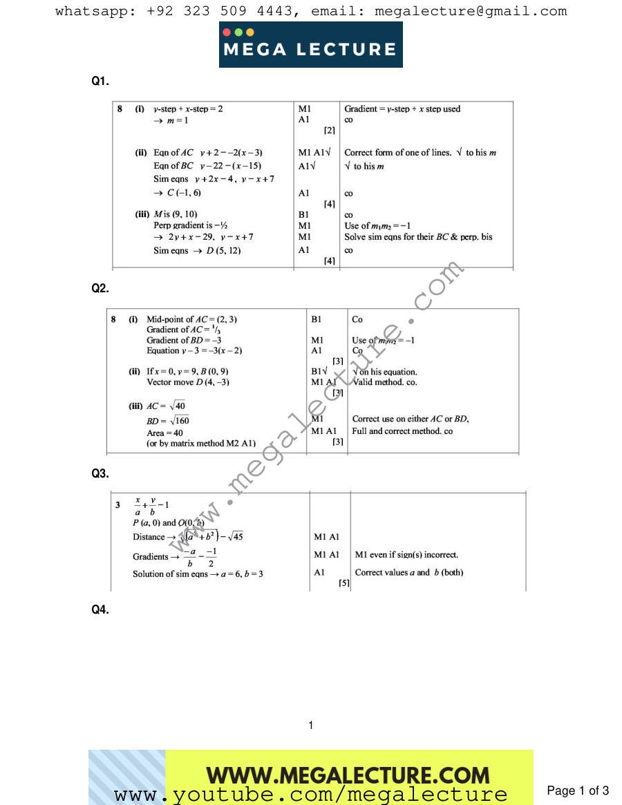 Page 1 of Coordinate Geometry — Marking scheme