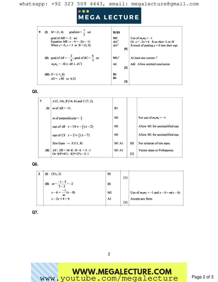 Page 2 of Coordinate Geometry — Marking scheme