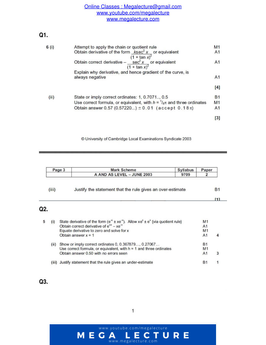 Page 1 of Differentiation And Integration — Marking scheme