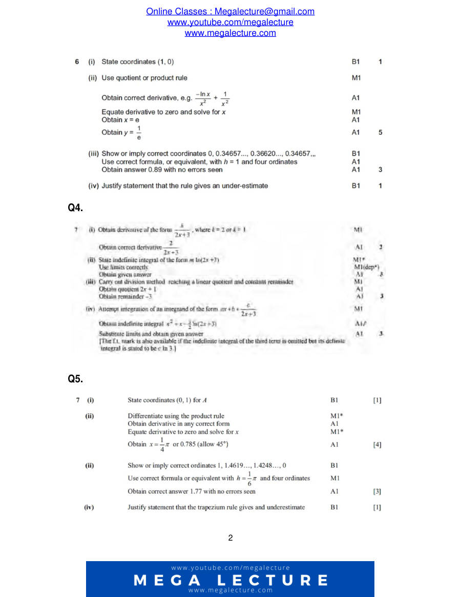 Page 2 of Differentiation And Integration — Marking scheme