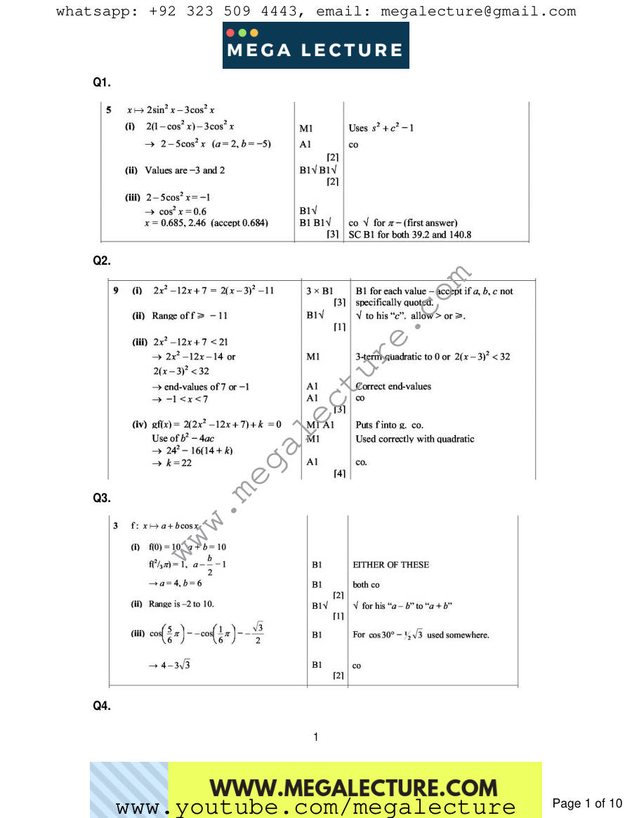 Page 1 of Functions — Marking scheme