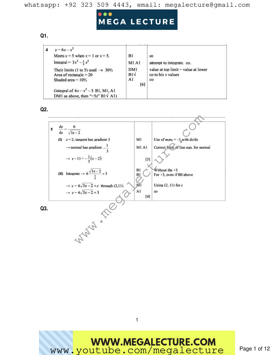 Page 1 of Integration — Marking scheme