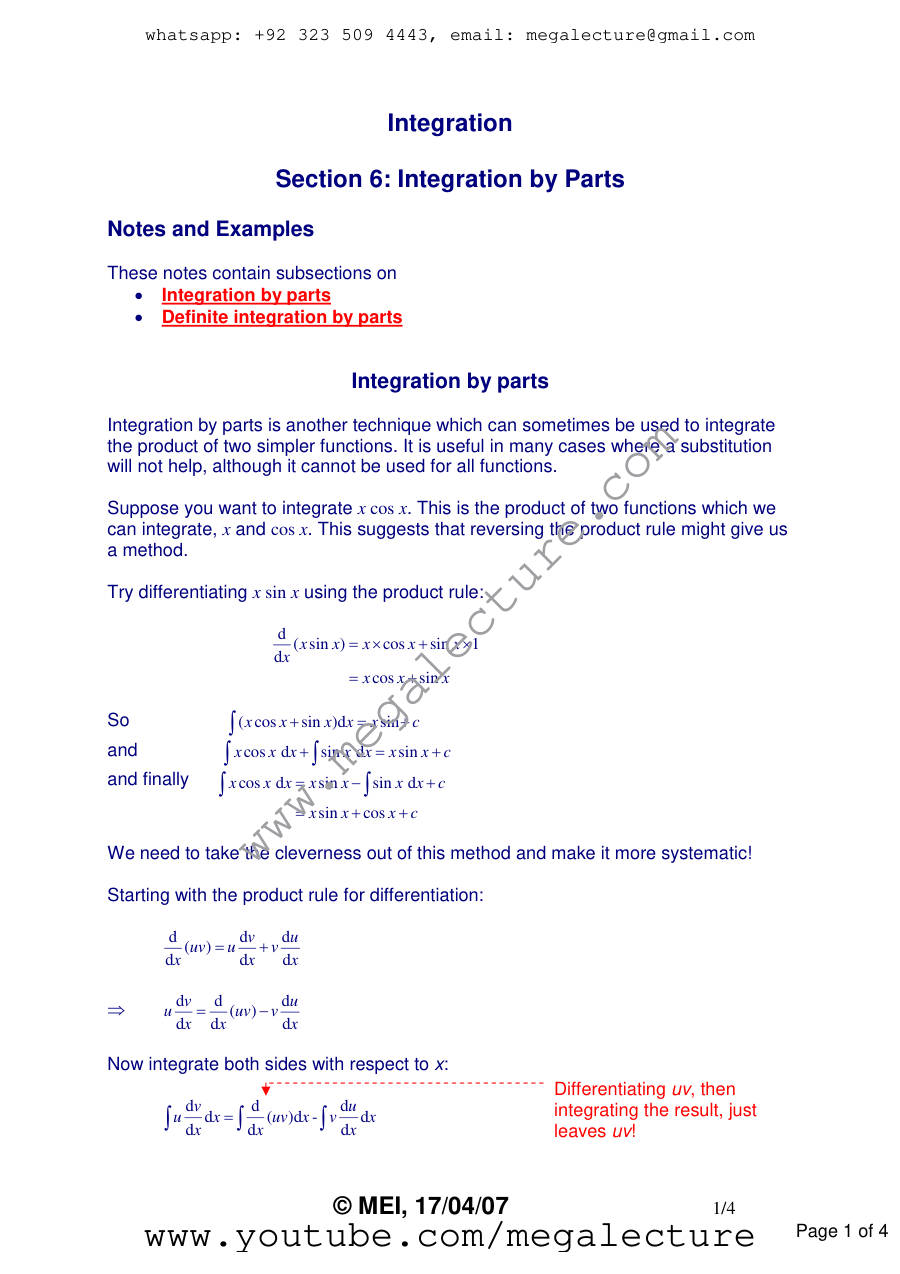 Page 1 of Integration By Parts