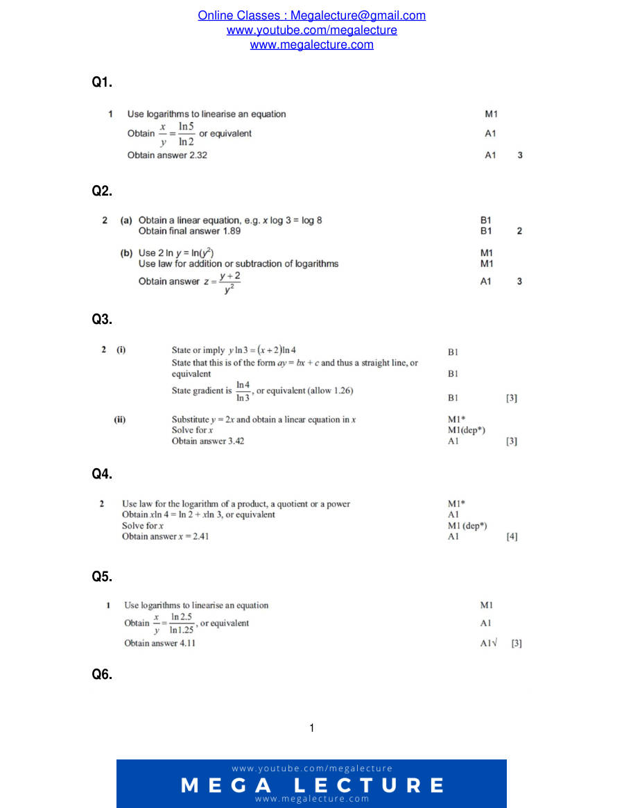Page 1 of Lo Arithms And Exponential Functions — Marking scheme