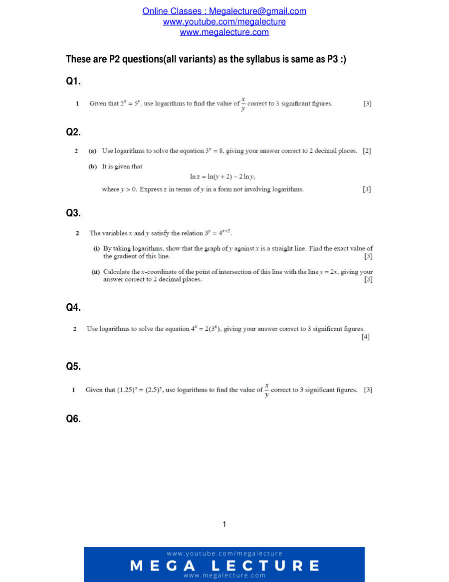 Page 1 of Lo Arithms And Exponential Functions — Questions