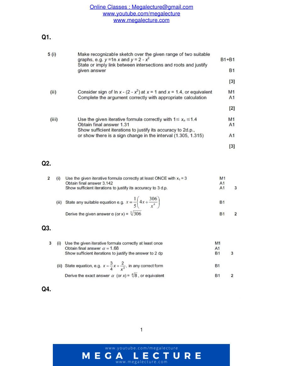 Page 1 of Numerical Solution Of Equations — Marking scheme