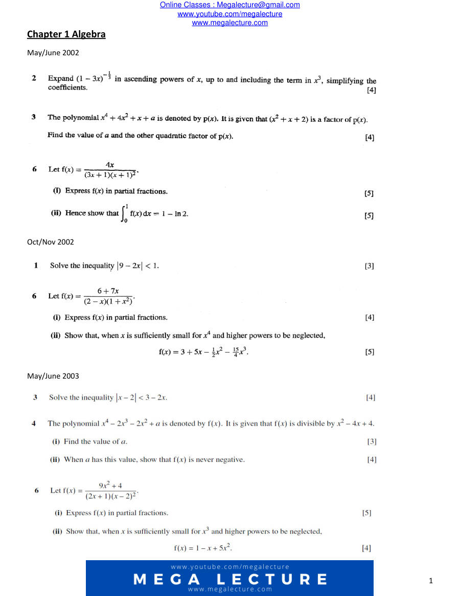 Page 1 of Chapter 1: Algebra