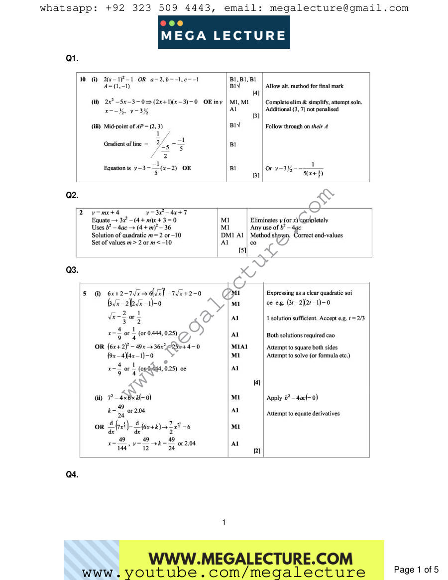 Page 1 of Quadratics — Marking scheme