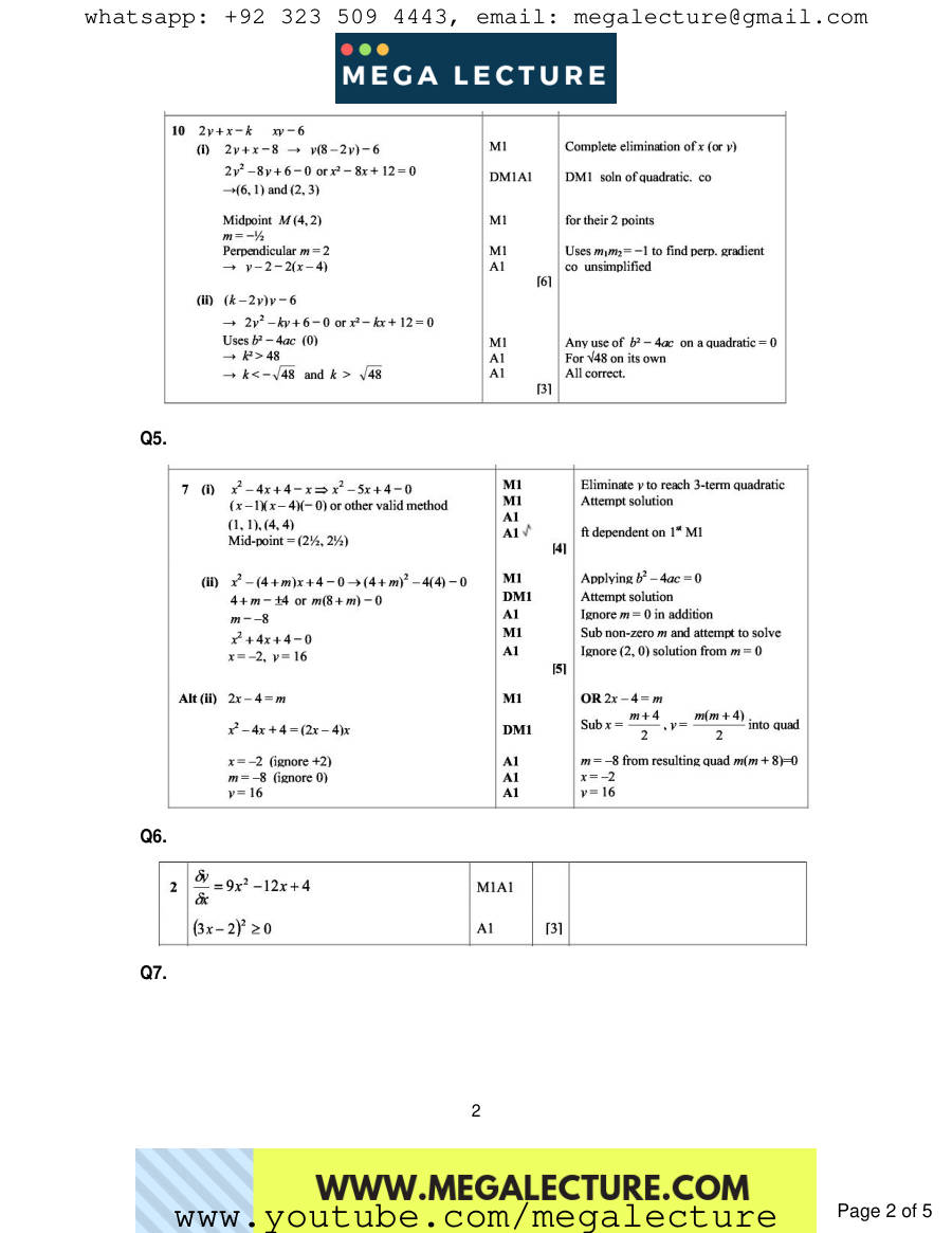 Page 2 of Quadratics — Marking scheme
