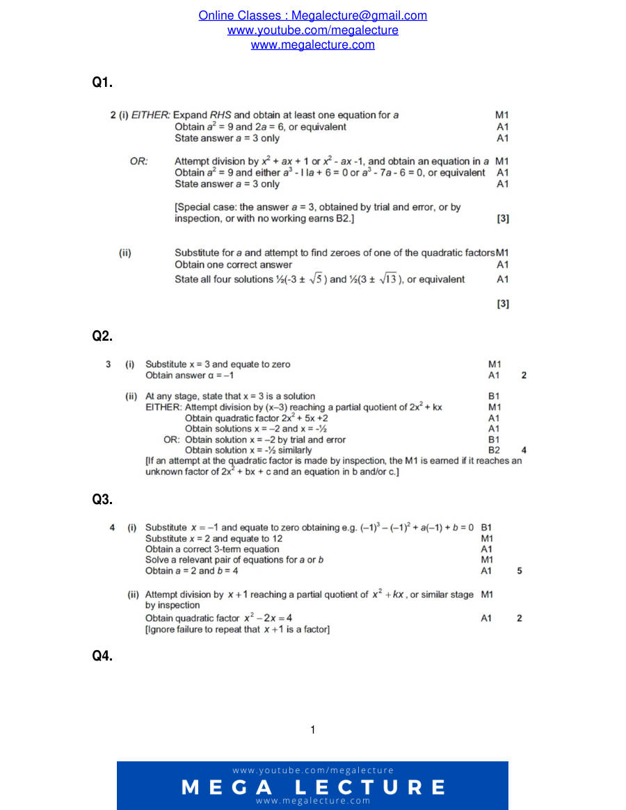 Page 1 of Remainder And Factor Theorem — Marking scheme