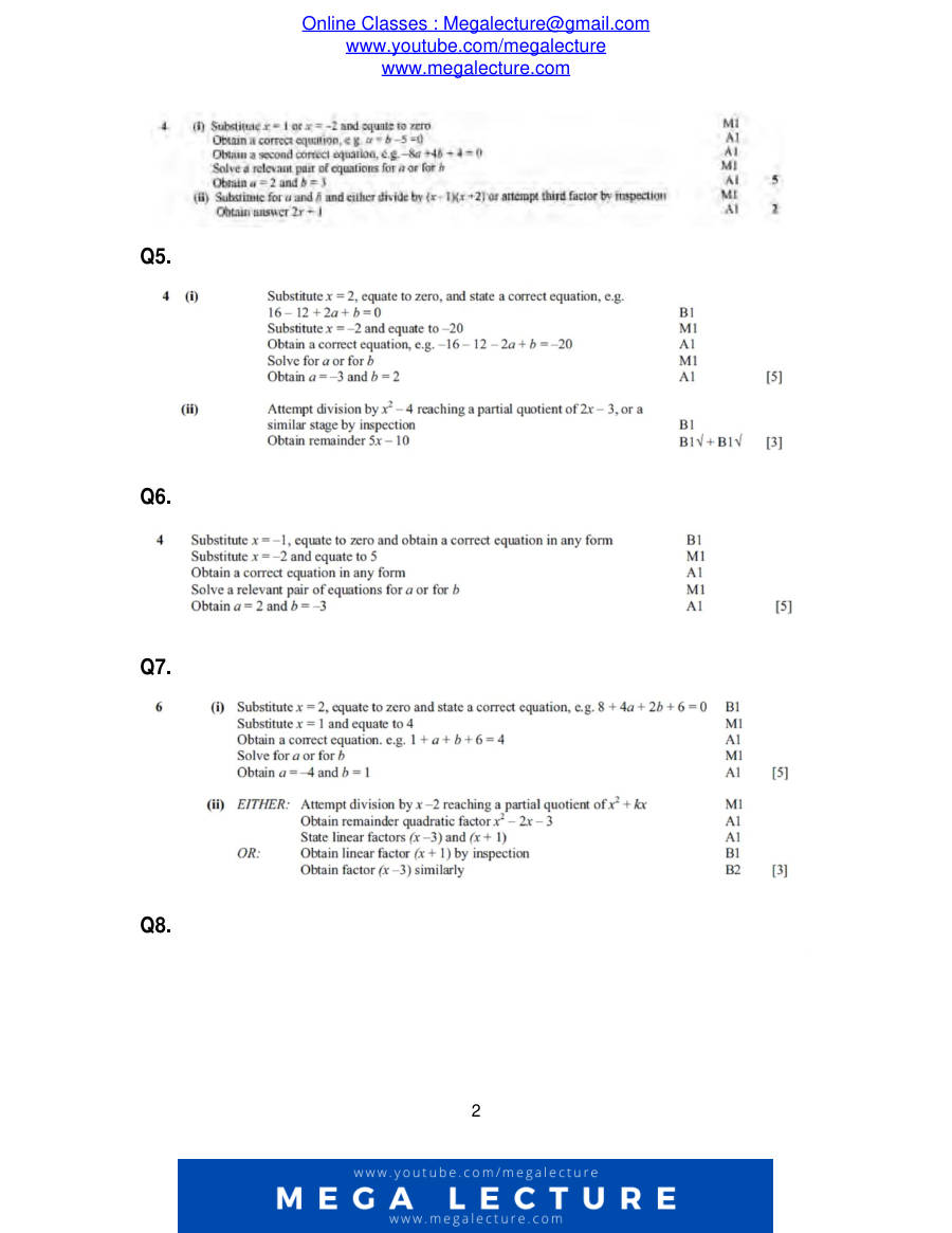 Page 2 of Remainder And Factor Theorem — Marking scheme