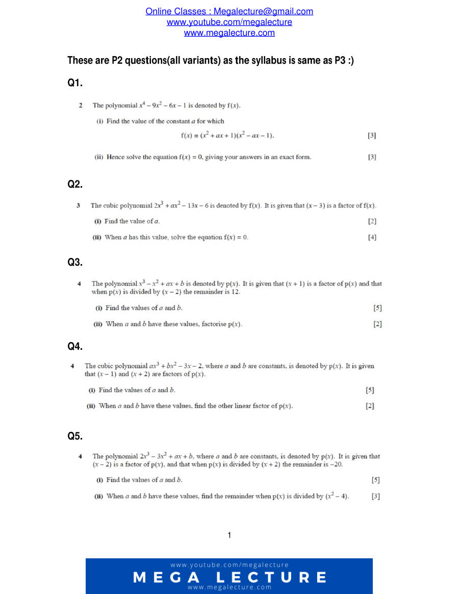 Page 1 of Remainder And Factor Theorem — Questions