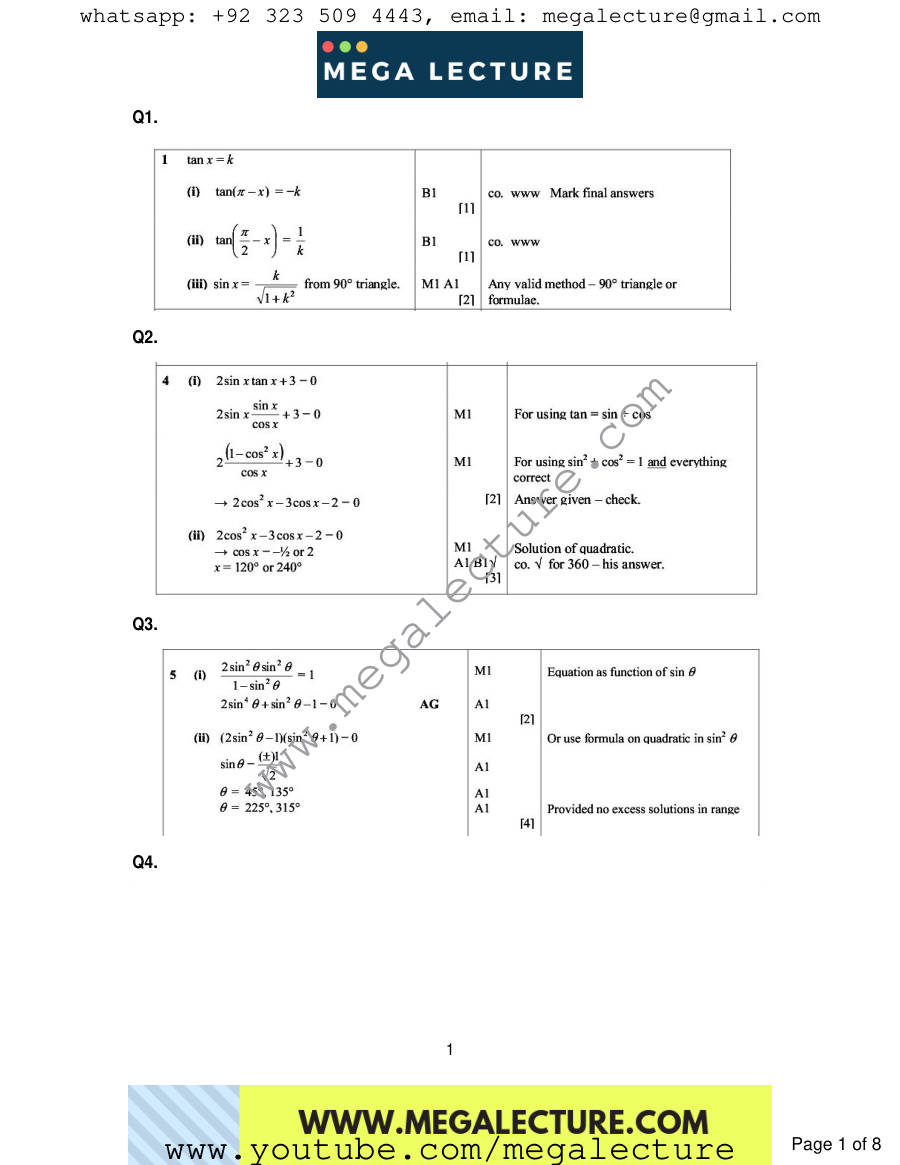 Page 1 of Trigonometry — Marking scheme