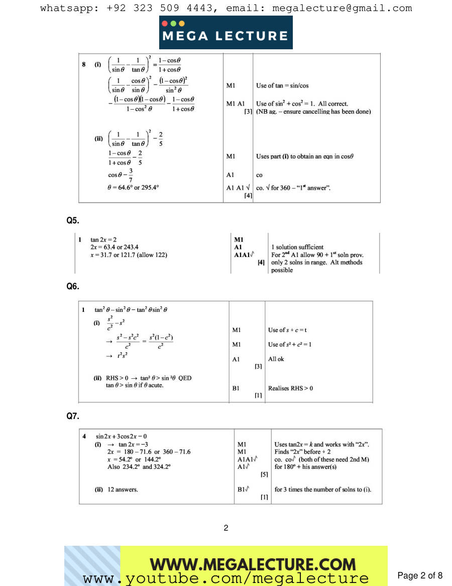 Page 2 of Trigonometry — Marking scheme