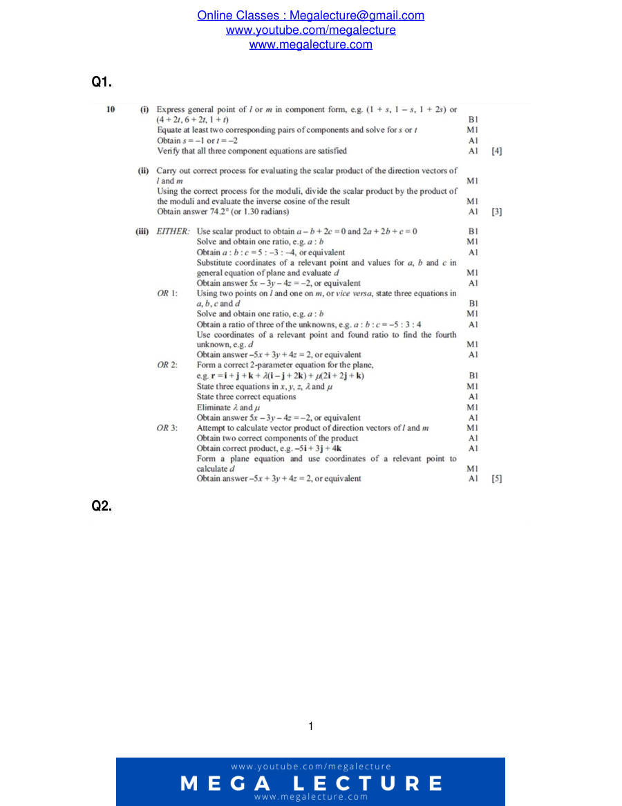 Page 1 of Vectors — Marking scheme