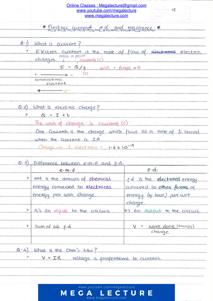 Page 1 of Electric Current P.D. And Resistance