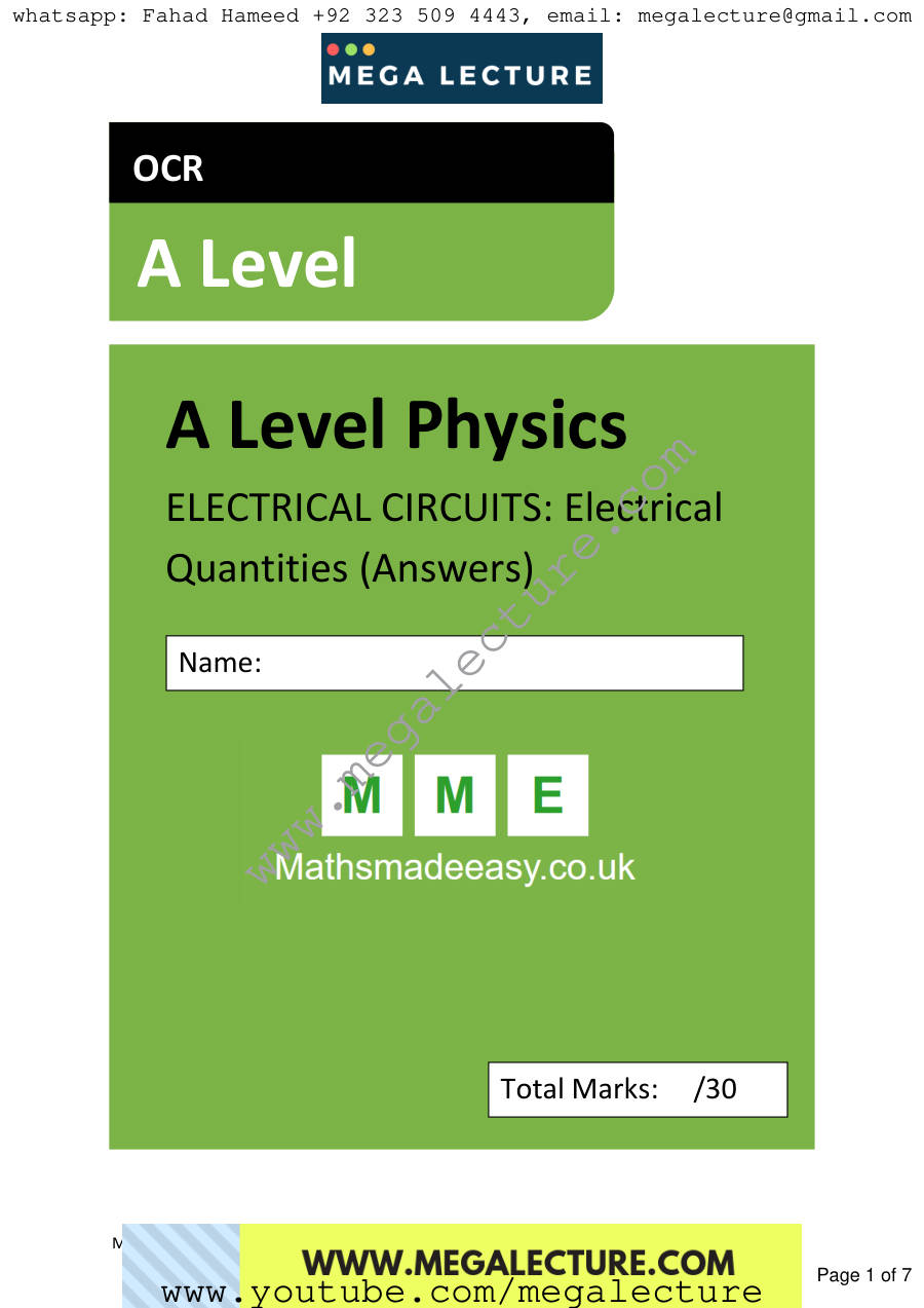 Page 1 of AS Physics Electrical Quantities Answer — Answers